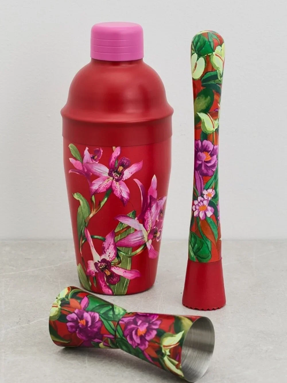FARM Rio Shake Joy Up Cocktail Maker - Set of 3 | Red with Floral Designs | NWT
